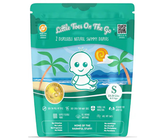 Little Toes On The Go natural disposable swim diapers in a 2 pack, featuring a colorful, waterproof design for babies.