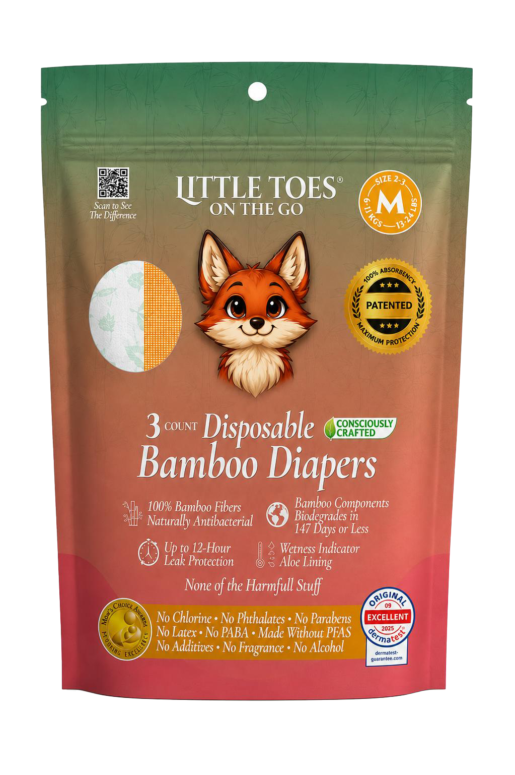 Little Toes On The Go Bamboo Diapers M size pack showing three white diapers with colorful prints on the front.