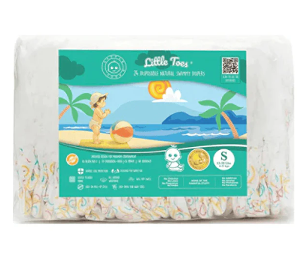 Little Toes natural disposable swim diapers in a 24 pack, featuring a cute design and soft, absorbent material.