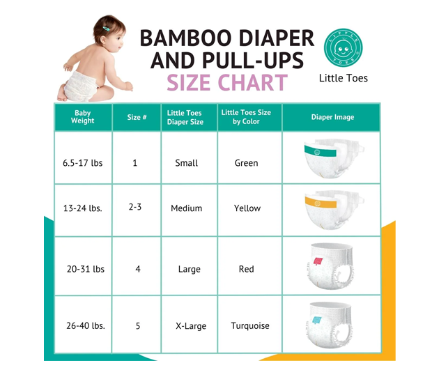 Little Toes disposable bamboo diapers and pull-ups in a 3 pack, showcasing eco-friendly material and soft design.