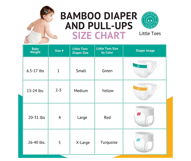 Little Toes disposable bamboo diapers and pull-ups in a 36 pack, showcasing eco-friendly materials and design.
