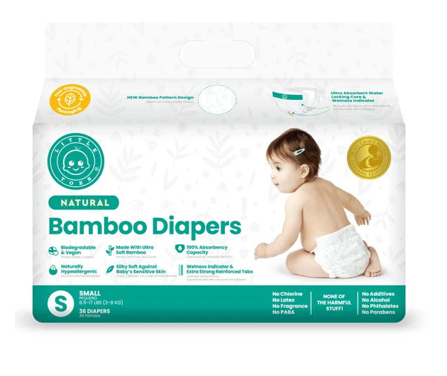 Little Toes disposable bamboo diapers and pull-ups in a 36 pack, showcasing soft, eco-friendly design for infants.