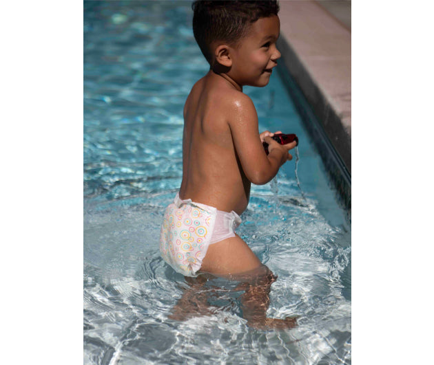 Little Toes Natural Disposable Swim Diapers in a 2-pack, featuring a colorful design and soft, absorbent material.