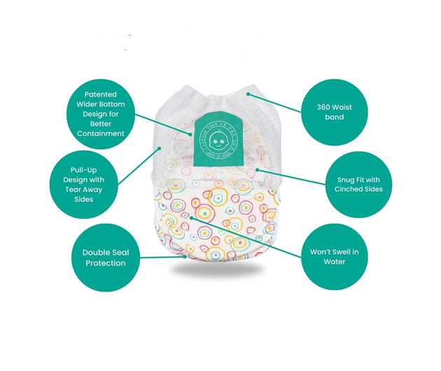 Little Toes natural disposable swim diapers in a 24 pack, featuring a colorful design for toddlers at the beach or pool.