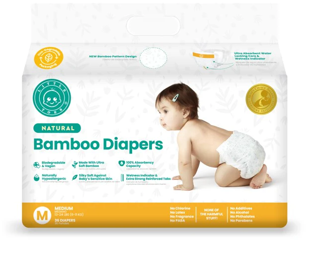 Little Toes disposable bamboo diapers and pull-ups in a 36 pack, showcasing eco-friendly material and design.