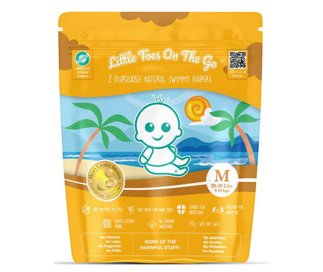 Little Toes On The Go natural disposable swim diapers in a 2 pack, featuring a colorful design suitable for infants.