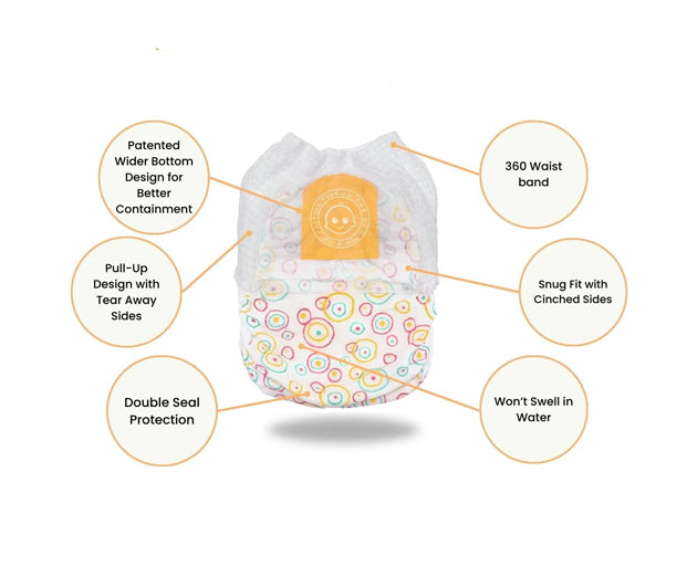 Little Toes natural disposable swim diapers in a 2 pack, featuring a colorful and playful design for babies.