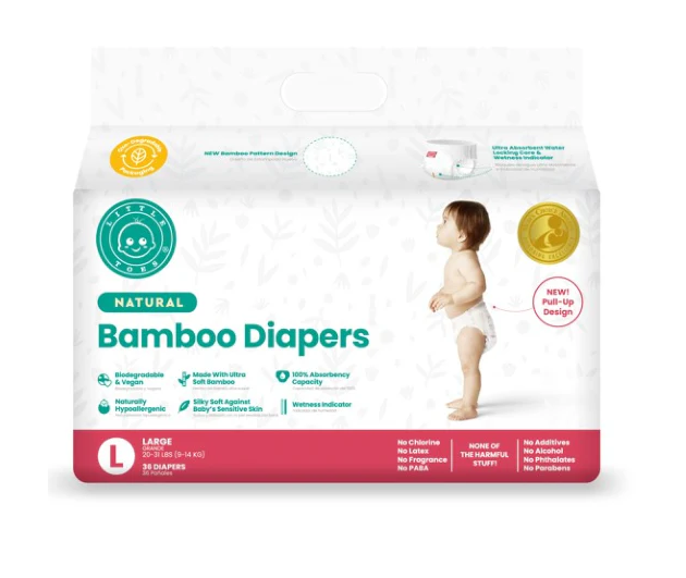 Little Toes bamboo diapers and pull-ups in a 36-pack, featuring eco-friendly design and soft, natural materials.