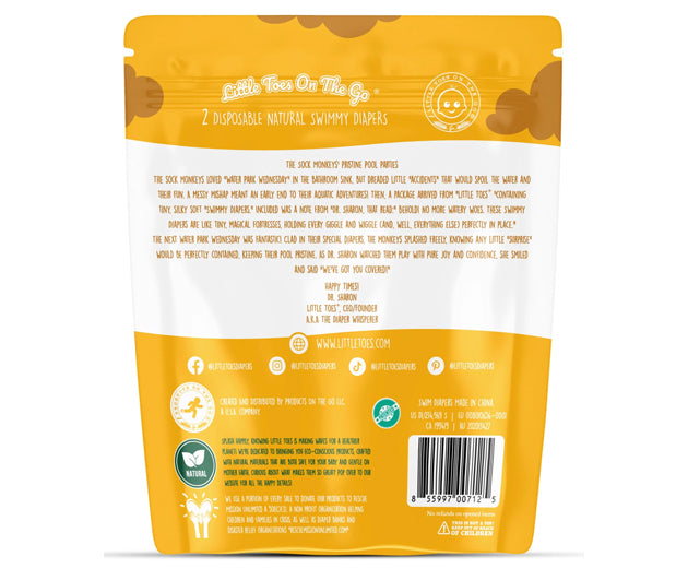 Little Toes natural disposable swim diapers in a 2 pack, featuring a soft design ideal for water play.