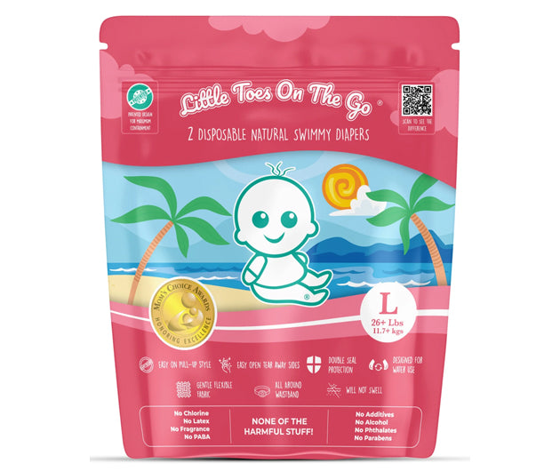 Little Toes On The Go natural disposable swim diapers in a 2 pack, featuring a colorful design for toddlers.