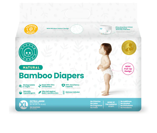 Little Toes disposable bamboo diapers and pull-ups in a 36 pack, showcasing eco-friendly design and soft texture.
