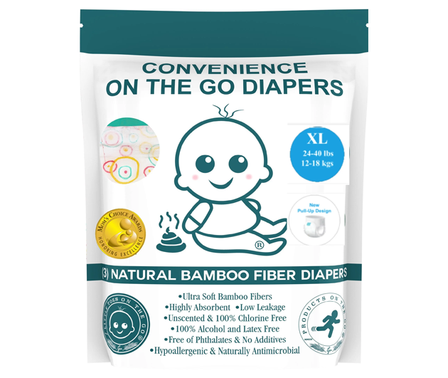 Three packs of Little Toes disposable natural bamboo diapers and pull-ups on a neutral background.