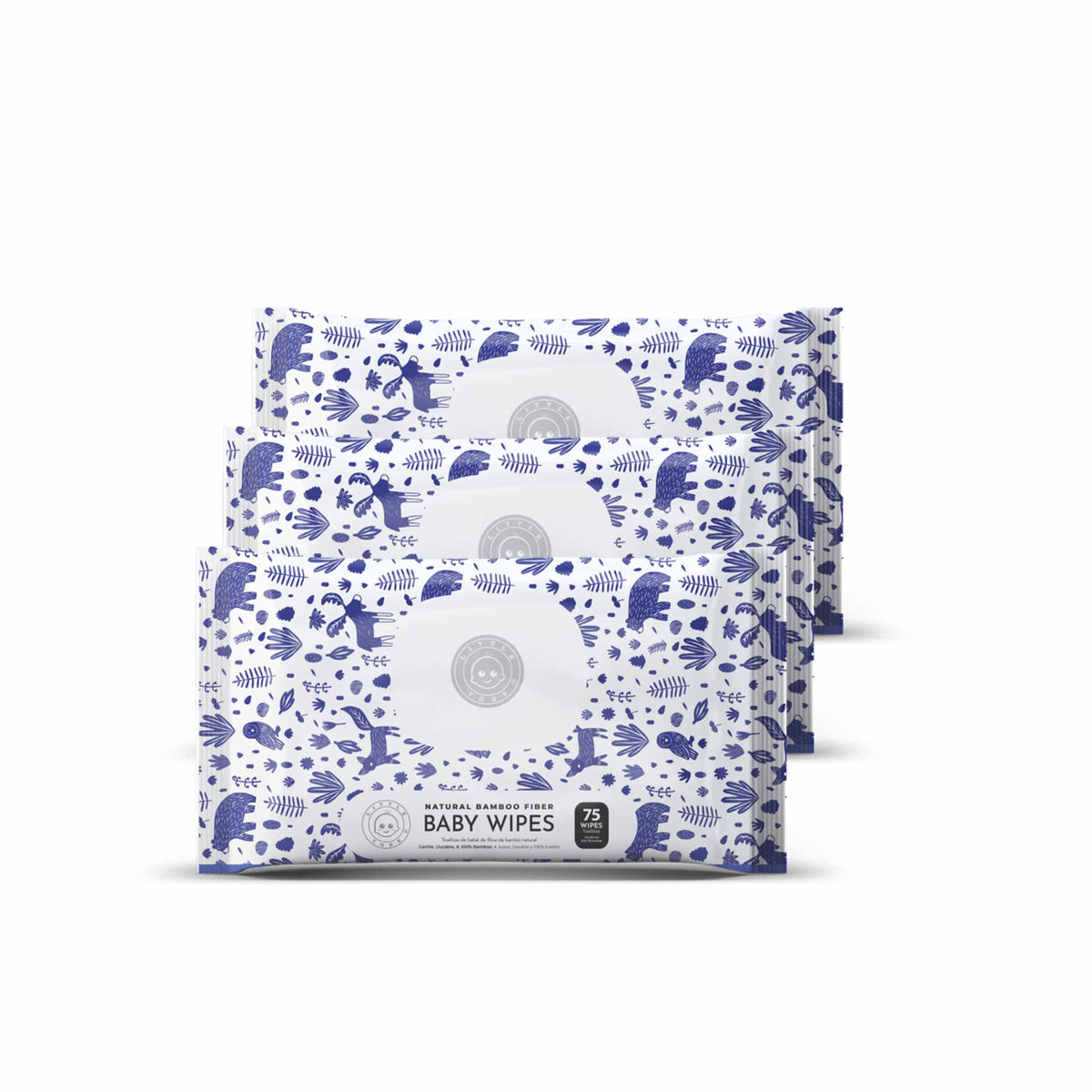 Little Toes Natural Bamboo Fiber Baby Wipes- 3 Packs of 75 Wipes (Total 225 Wipes)- Woodland